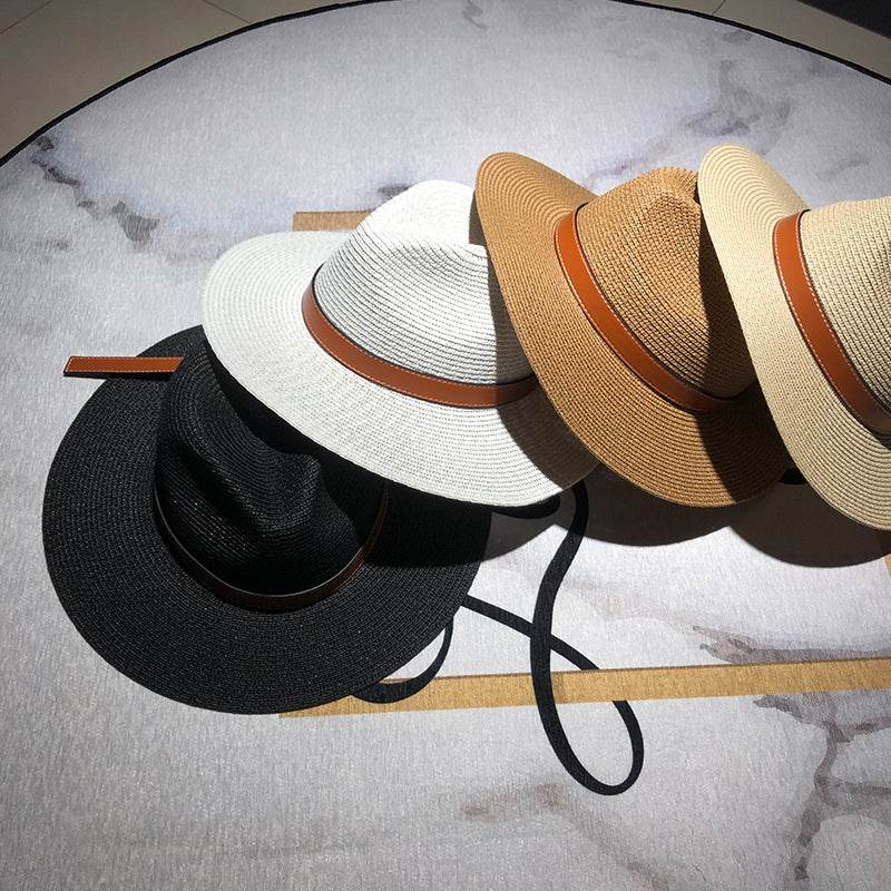 Straw Faux Leather Belt Strap Floppy Hat