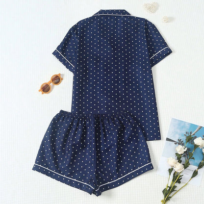 2 Piece Polka Dot Pajama Set With Contrast Trim For Women