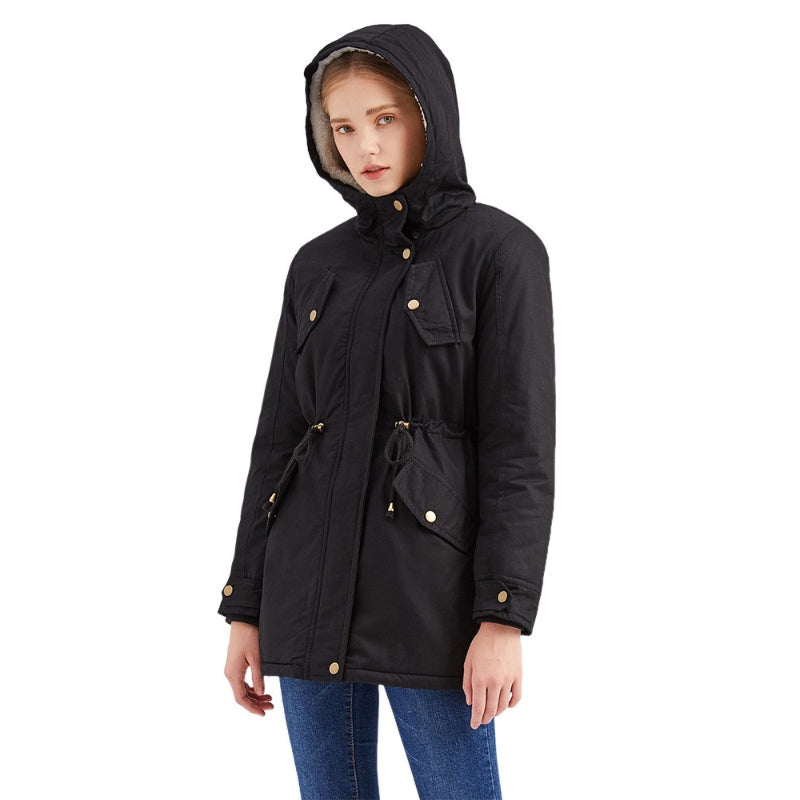 Full Zipper Drawstring Velvet Coat Hooded Parkas