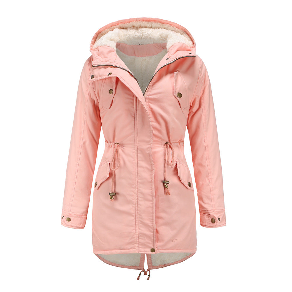 Full Zipper Drawstring Velvet Coat Hooded Parkas