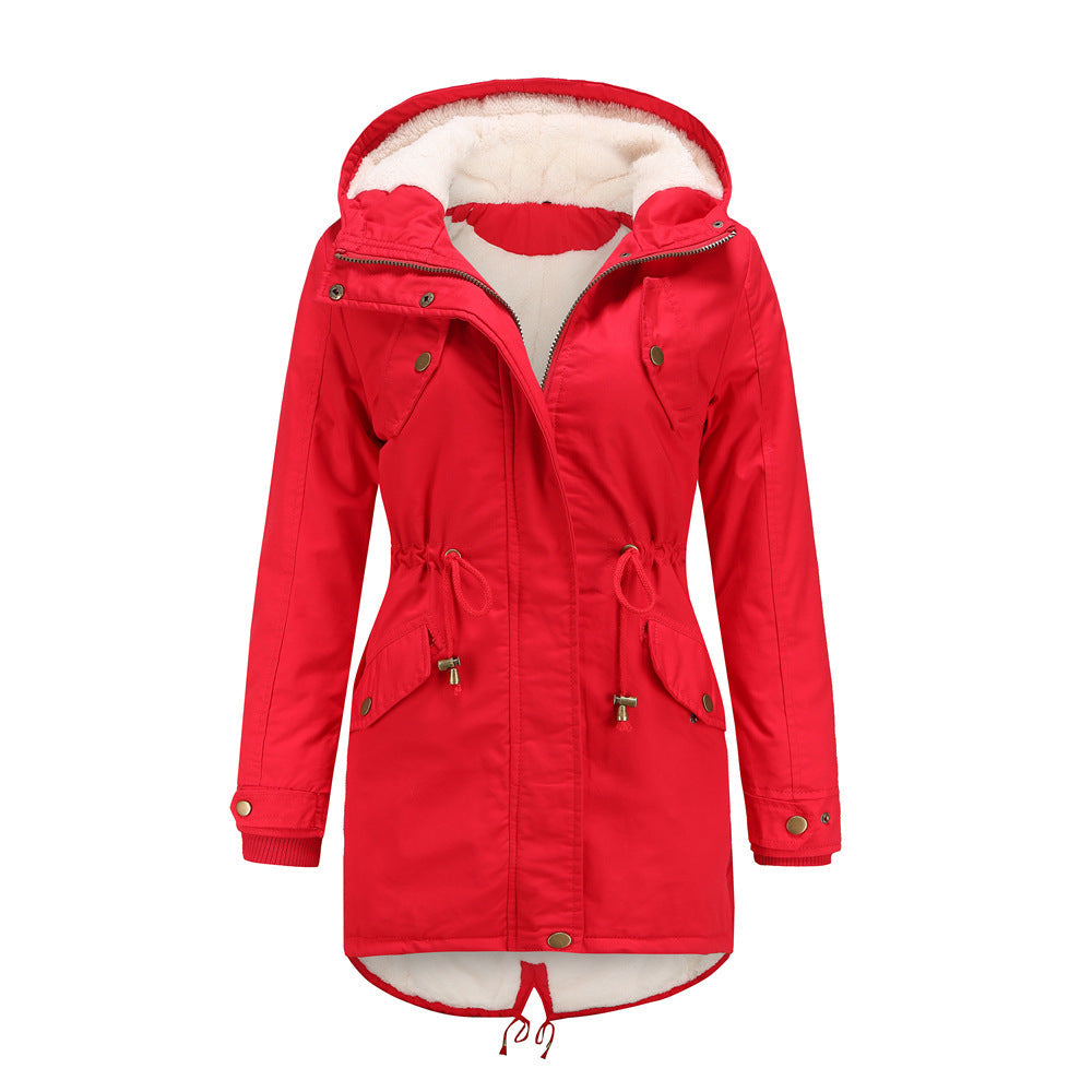 Full Zipper Drawstring Velvet Coat Hooded Parkas
