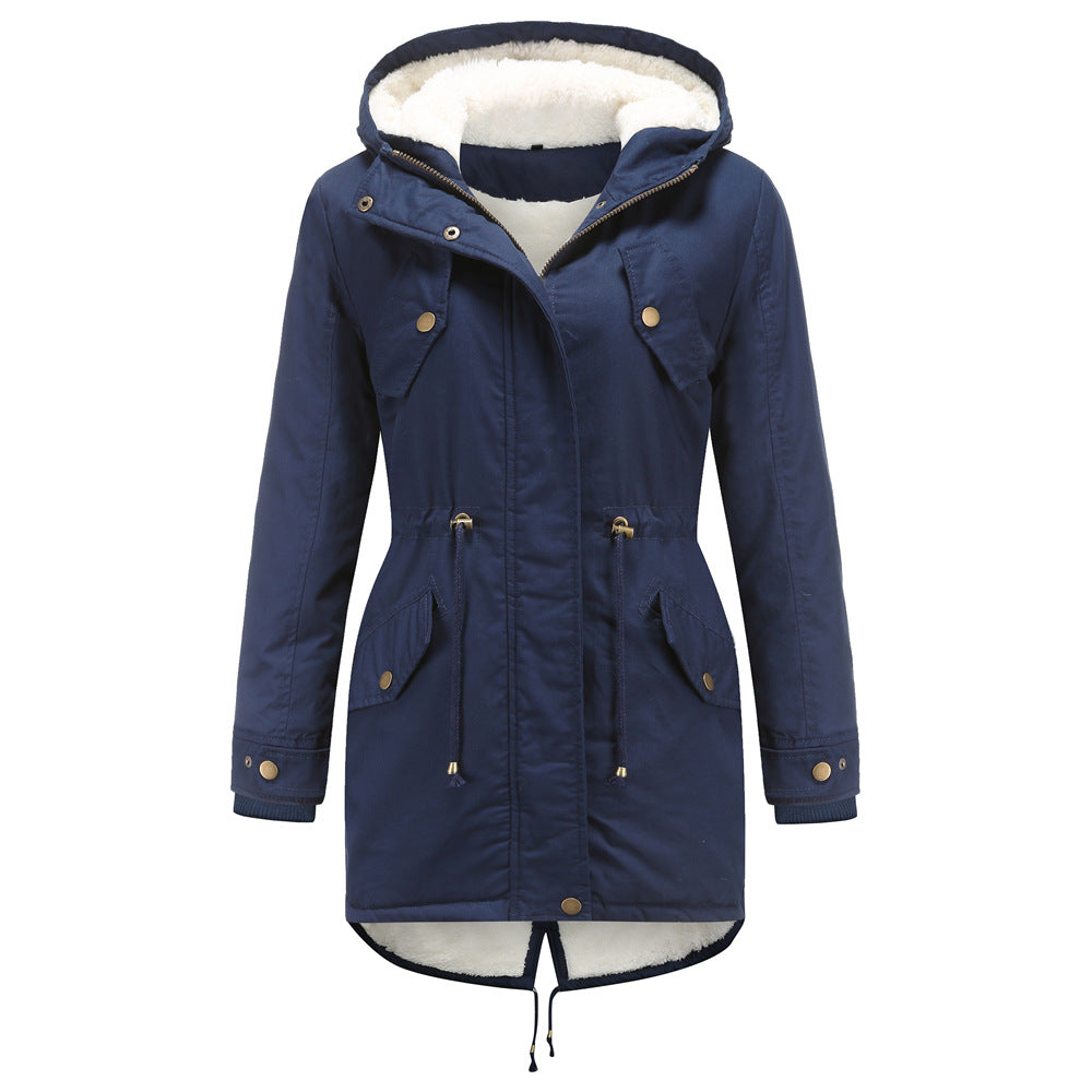 Full Zipper Drawstring Velvet Coat Hooded Parkas