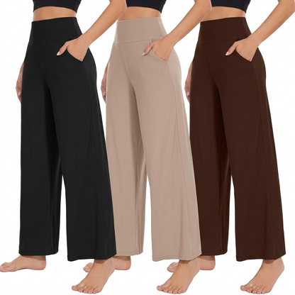 Pack Of 3 Wide Fit High Rise Pants With Pockets For Women