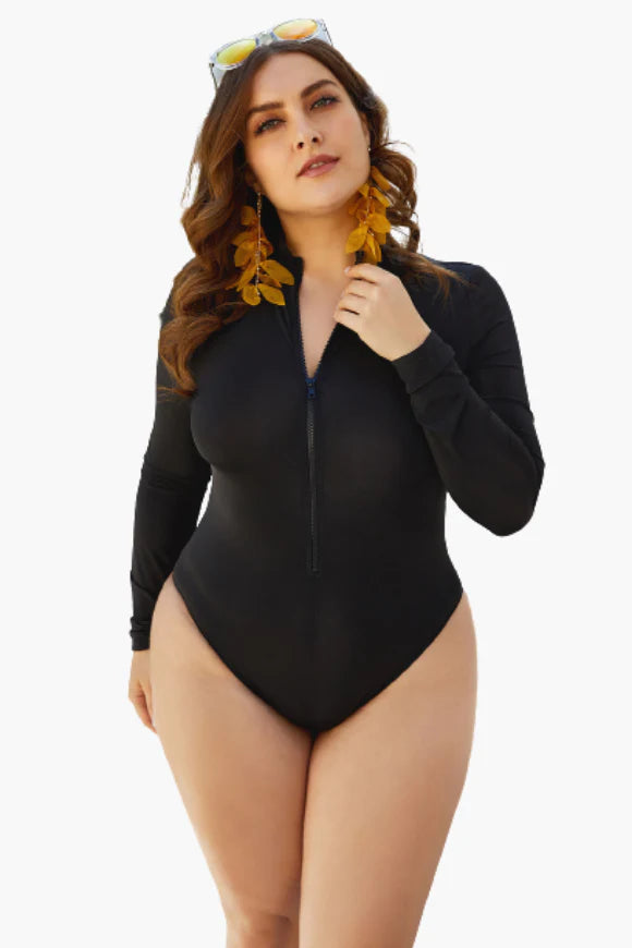 Black Zipped Sport One Piece Plus Size Swimsuit