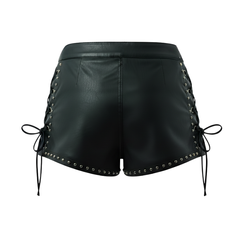 Women's Mini Studded Lace Up Leather Shorts