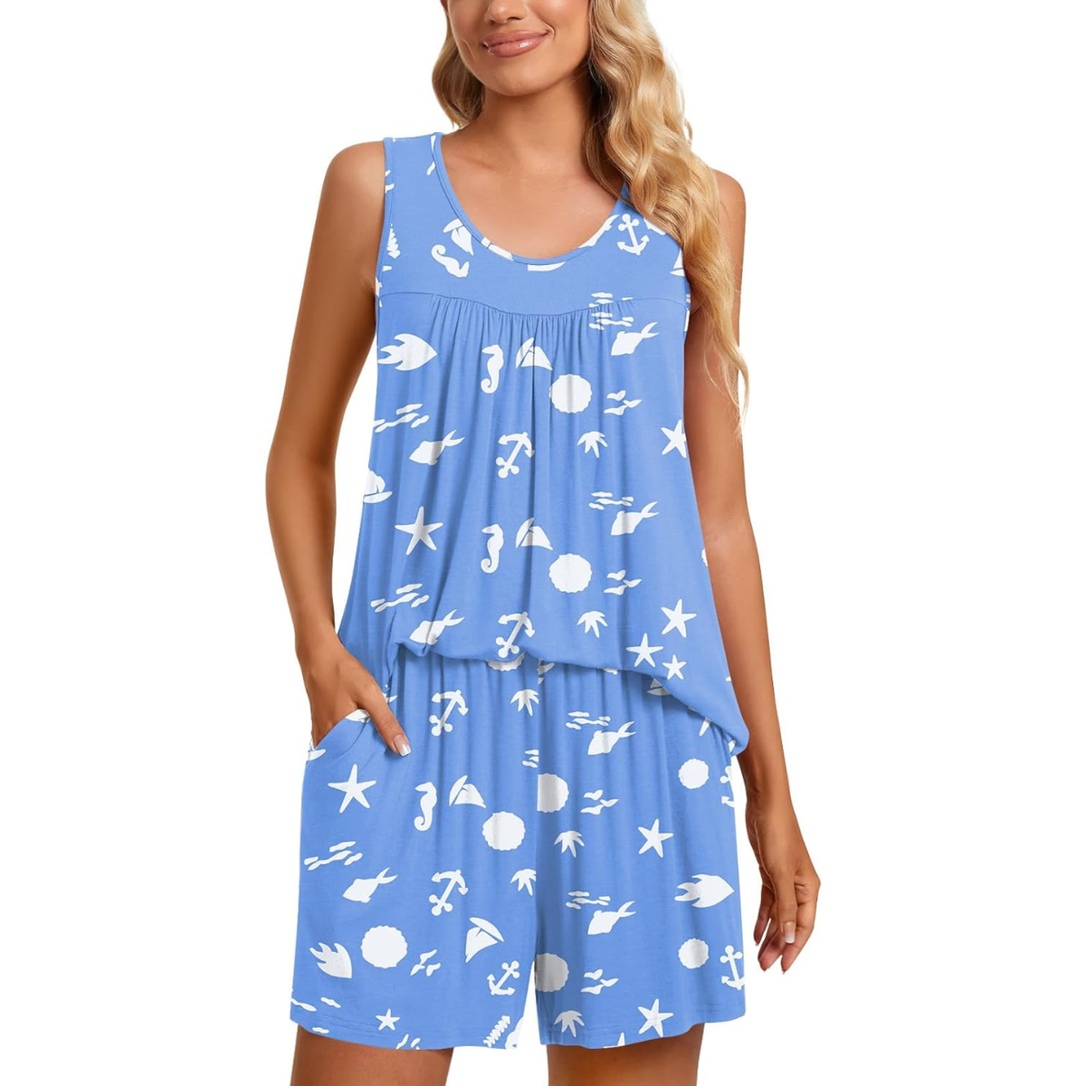 2 Piece Sleeveless Pajama Set With Pockets For Women