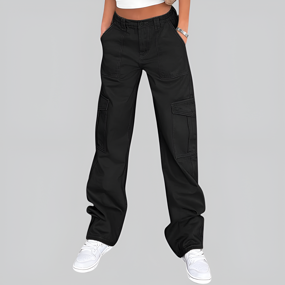 High Rise Casual Baggy And Stretchy Wide Fit Cargo Pants For Women
