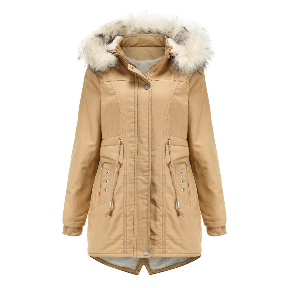 Winter Fleece Fur Collar Mid Length Overcoat Parkas