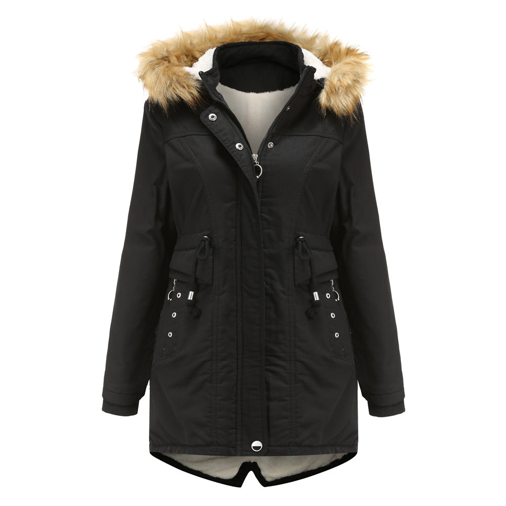 Winter Fleece Fur Collar Mid Length Overcoat Parkas