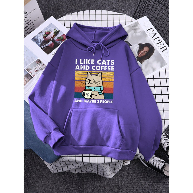 Kapuzenpullover mit Aufdruck „I Like Cats And Coffee“.