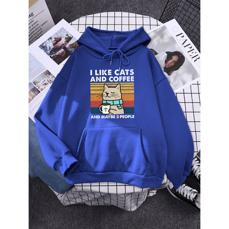 Kapuzenpullover mit Aufdruck „I Like Cats And Coffee“.