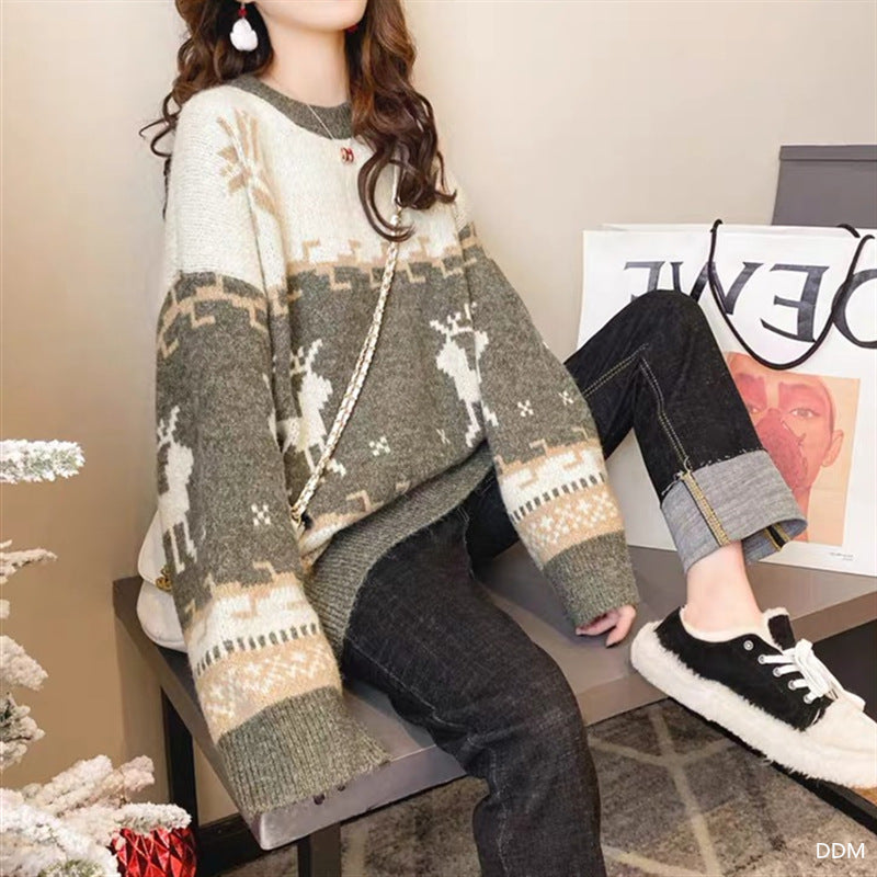 Christmas Deer Knitted Korean Loose Pullover Sweater