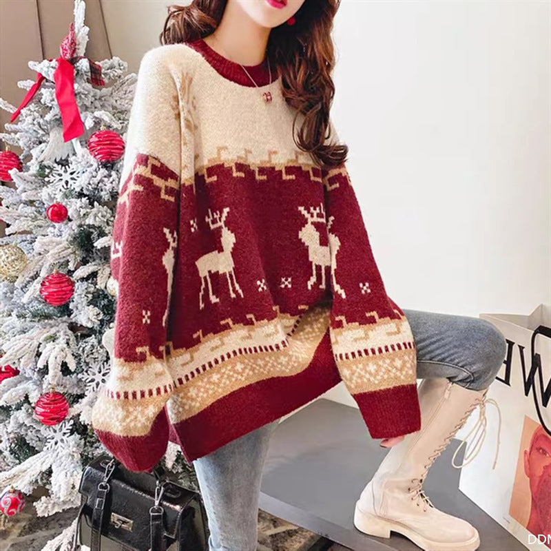 Christmas Deer Knitted Korean Loose Pullover Sweater