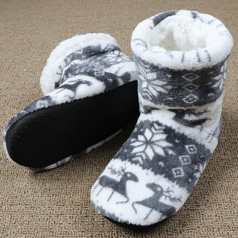 Christmas Elk Printed Plush Slippers