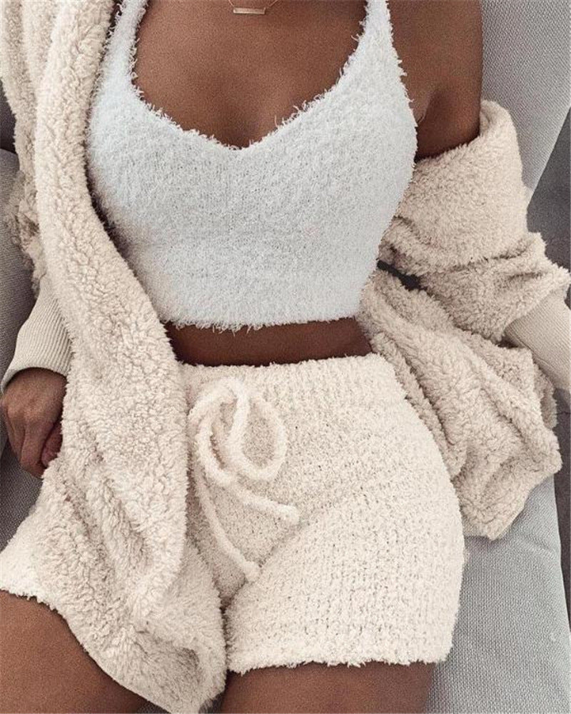 3 Pieces Fluffy Plain Crop Top And Short Cozy Knit Suit Sets