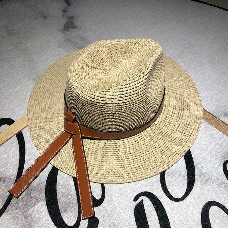 Straw Faux Leather Belt Strap Floppy Hat