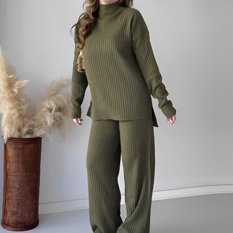 2 Pieces Casual Knit Top And Wide Leg Pants Loungewear Set