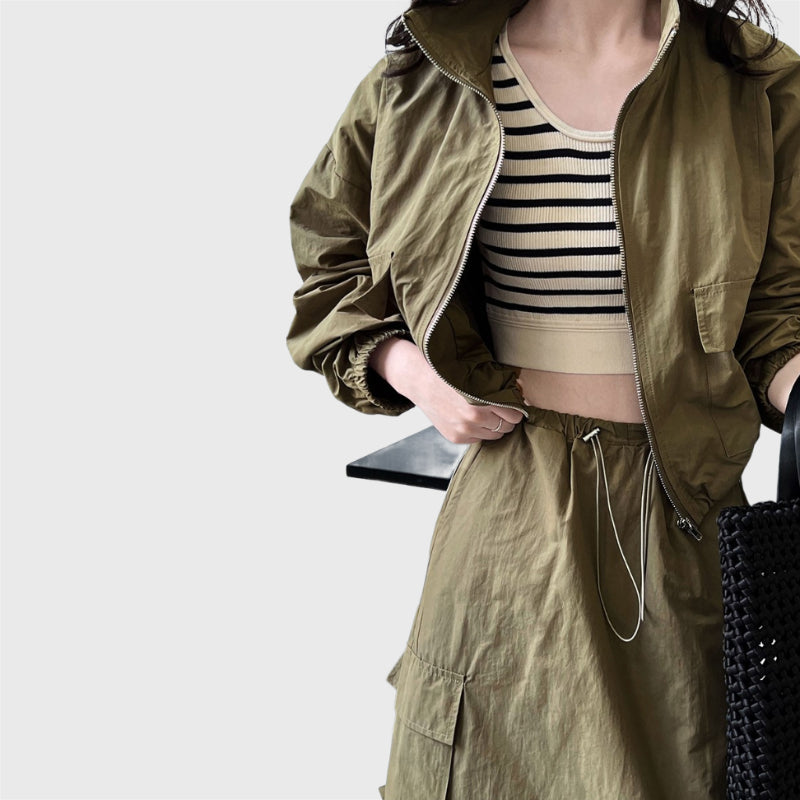 2 Pieces Short Zipper Jacket Drawstring Split Skirt Cargo Suit