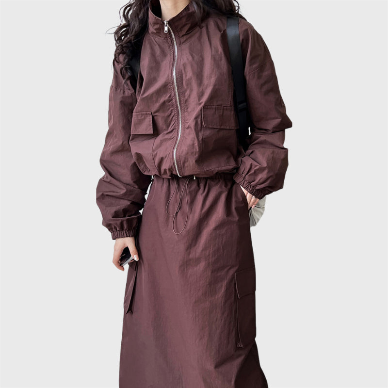 2 Pieces Short Zipper Jacket Drawstring Split Skirt Cargo Suit