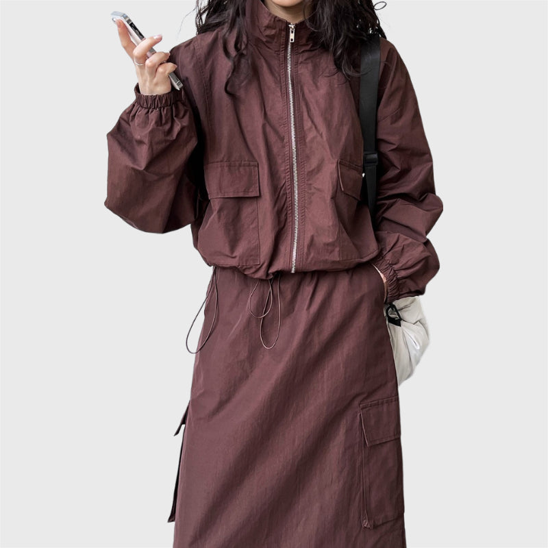 2 Pieces Short Zipper Jacket Drawstring Split Skirt Cargo Suit