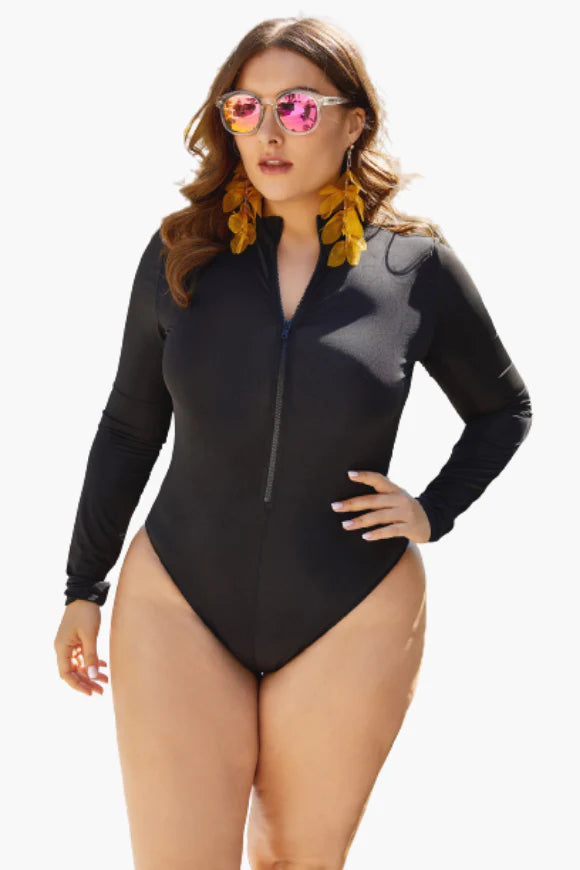 Black Zipped Sport One Piece Plus Size Swimsuit