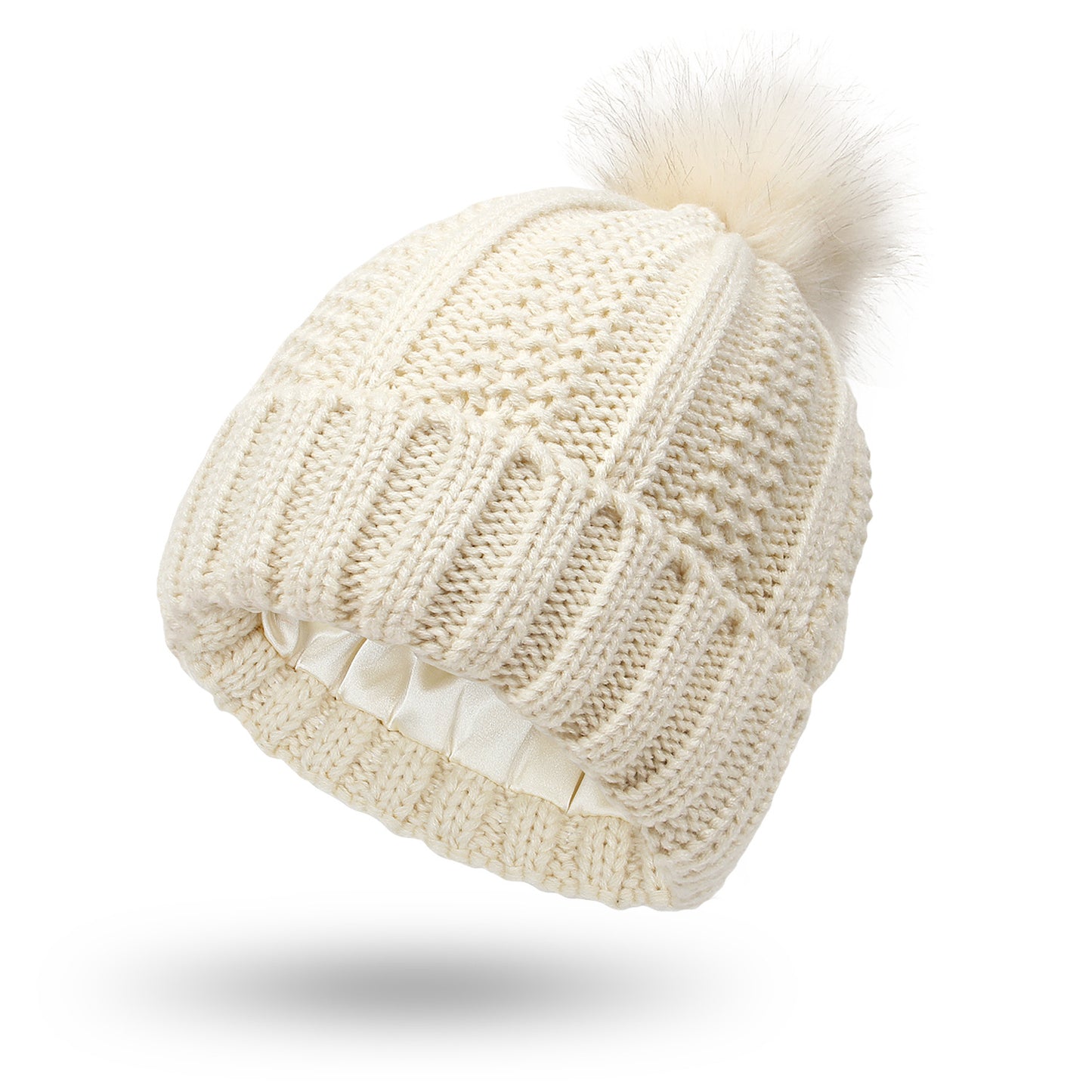 Fashionable Stretchy Lined Fur Pom Beanie Knit Hat