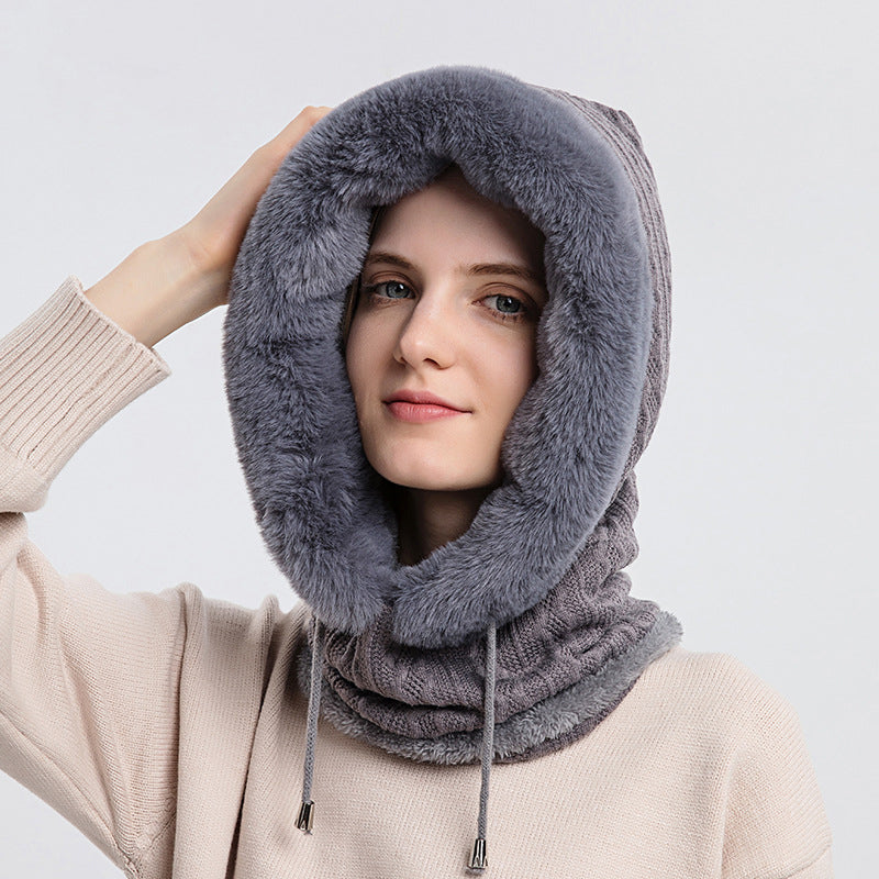 Thick Plush Knit Hooded Hat With Scarf