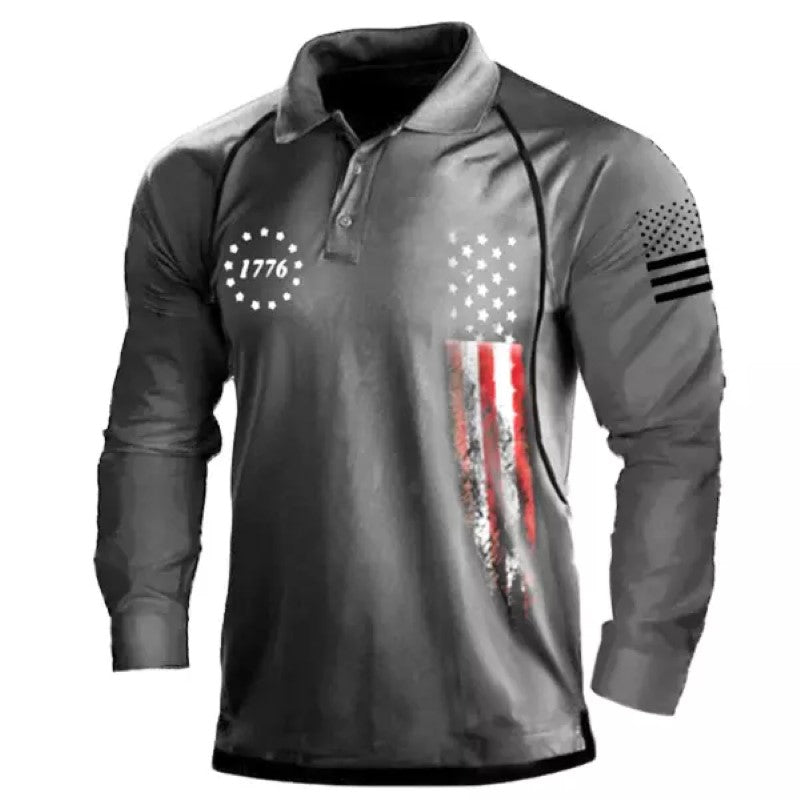 Men's American Flag Print Long Sleeve Polo Shirt