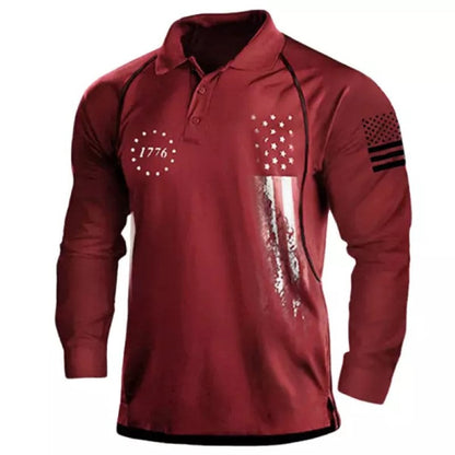 Men's American Flag Print Long Sleeve Polo Shirt