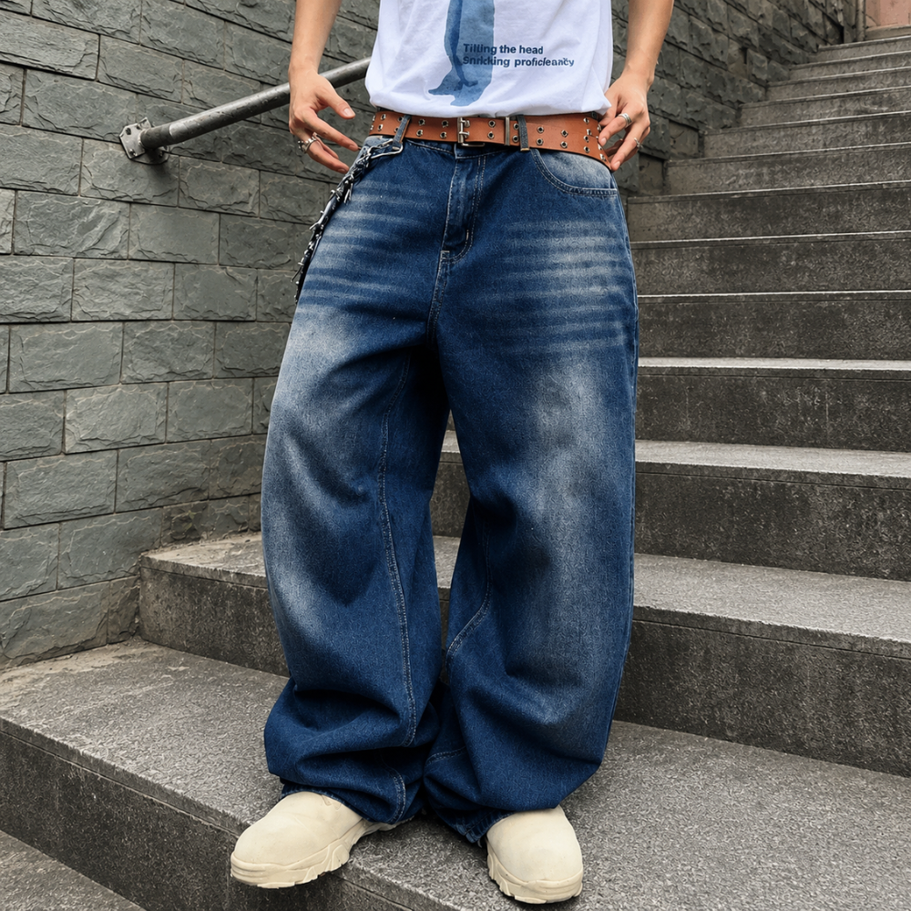 Wide Fit Vintage Design Baggy Pants With Pockets For Men