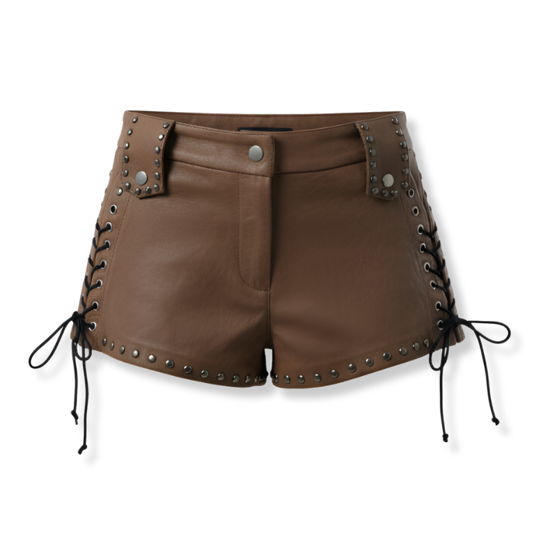 Women's Mini Studded Lace Up Leather Shorts