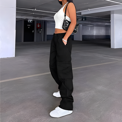 High Rise Casual Baggy And Stretchy Wide Fit Cargo Pants For Women