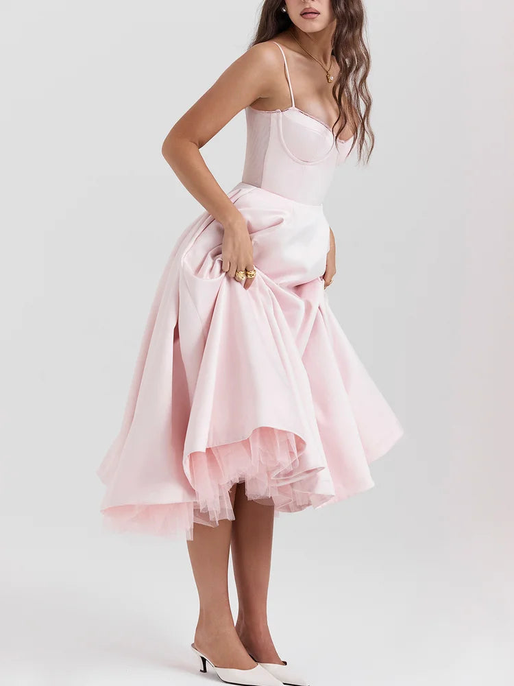 Sweetheart Neckline Cinched Waist A Line Midi Dress