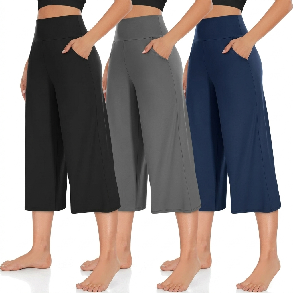Pack Of 3 Wide Fit High Rise Pants With Pockets For Women