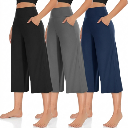 Pack Of 3 Wide Fit High Rise Pants With Pockets For Women