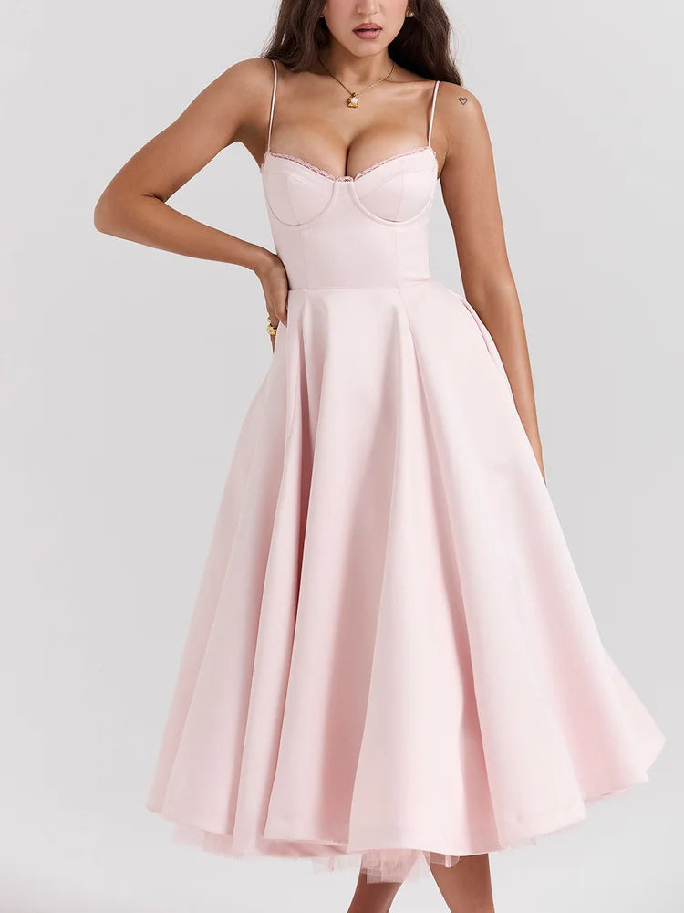 Sweetheart Neckline Cinched Waist A Line Midi Dress