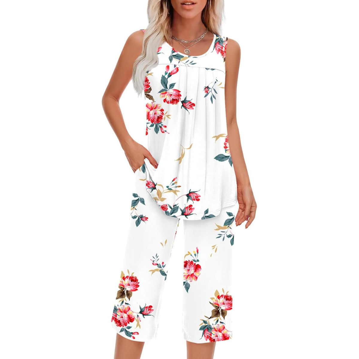 Two Piece Sleeveless Pajama Set With Tank Top And Pants With Pocket For Women