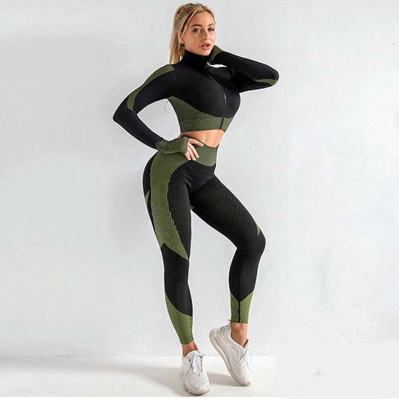 Ensemble de vêtements de sport 3 pièces avec haut court, soutien-gorge et leggings sans couture