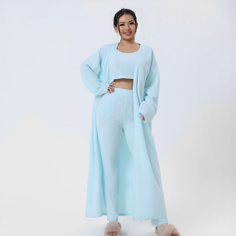 3 Pieces Fluffy Plain Crop Top And Pant Cozy Suit Sets