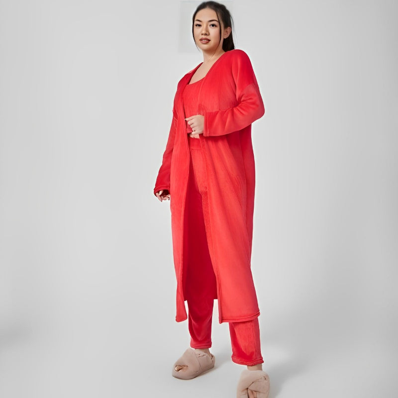 3 Pieces Fluffy Plain Crop Top And Pant Cozy Suit Sets