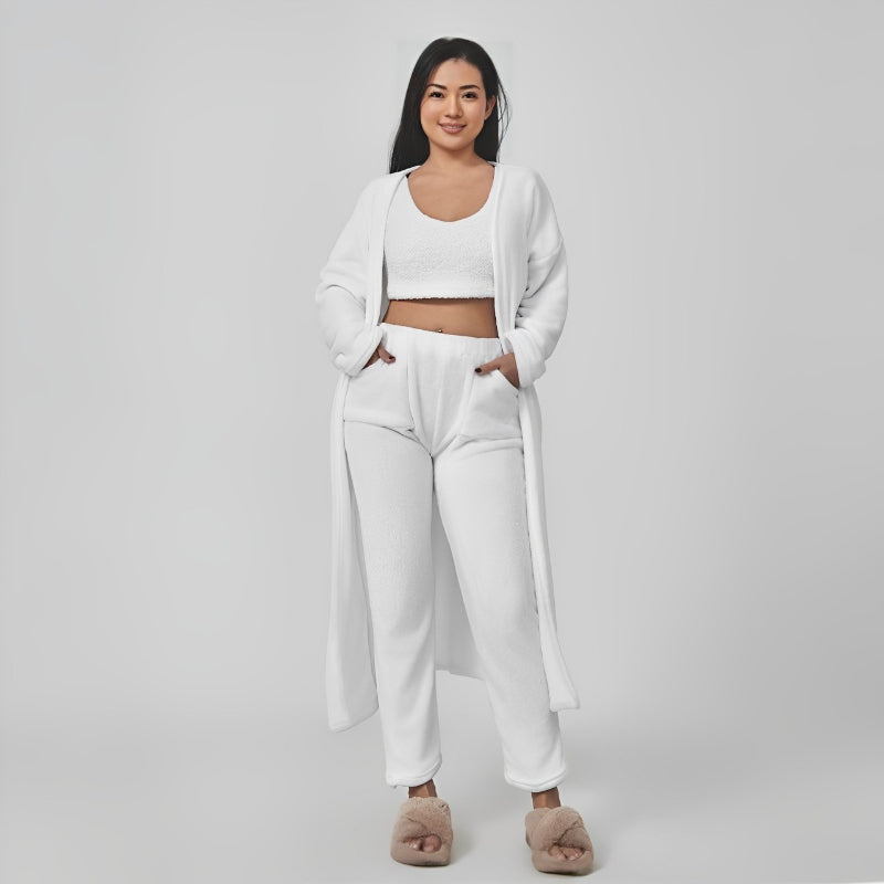 3 Pieces Fluffy Plain Crop Top And Pant Cozy Suit Sets