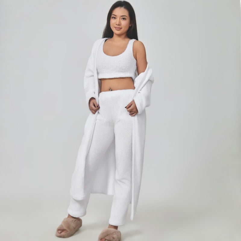 3 Pieces Fluffy Plain Crop Top And Pant Cozy Suit Sets