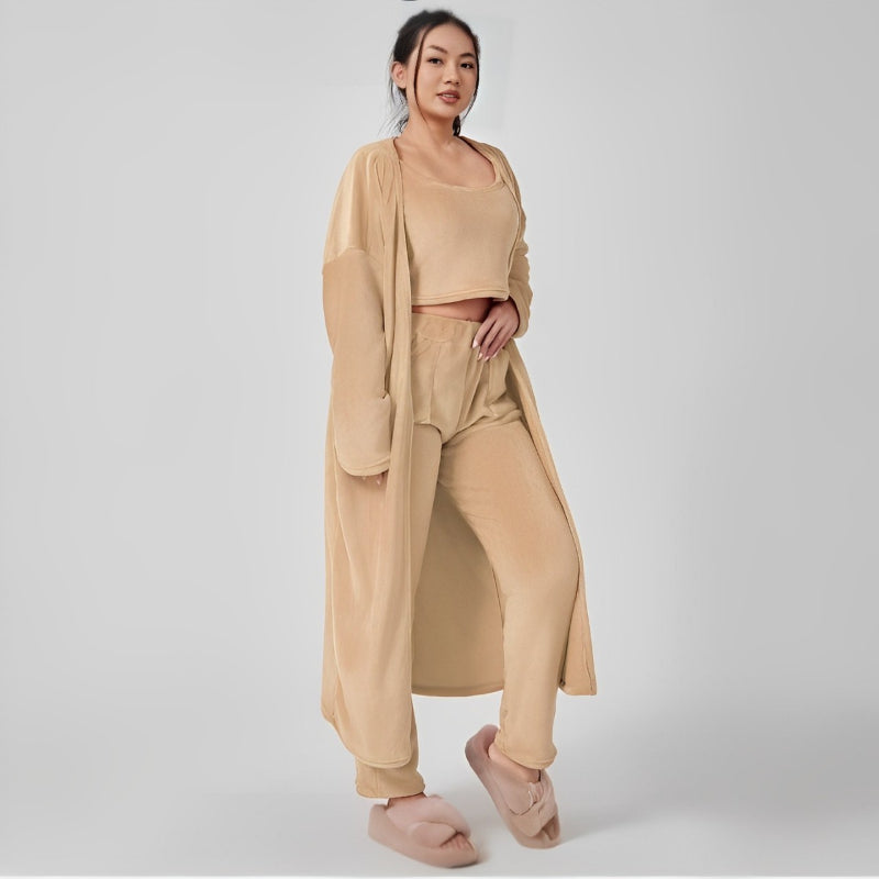 Ensembles de costumes confortables 3 pièces avec haut court et pantalon uni moelleux