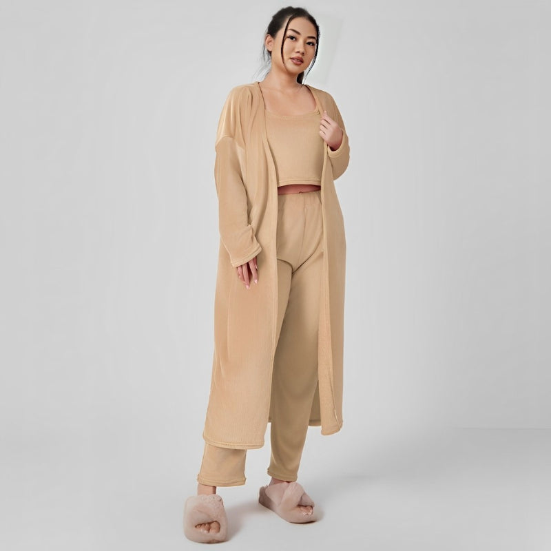 3 Pieces Fluffy Plain Crop Top And Pant Cozy Suit Sets