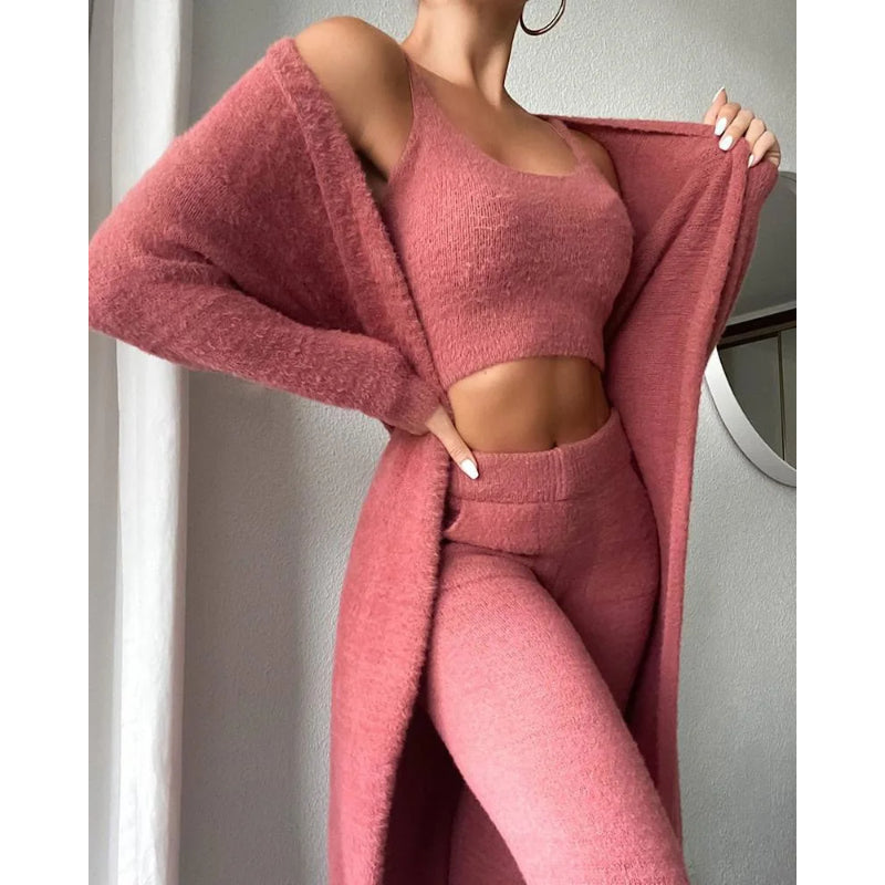 3 Pieces Fluffy Plain Crop Top And Pant Cozy Suit Sets