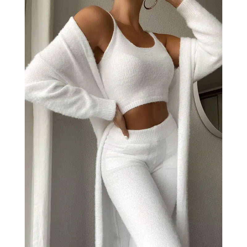 3 Pieces Fluffy Plain Crop Top And Pant Cozy Suit Sets