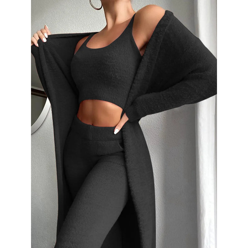 3 Pieces Fluffy Plain Crop Top And Pant Cozy Suit Sets