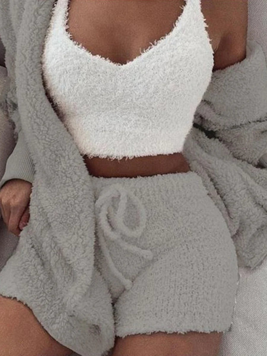 3 Pieces Fluffy Plain Crop Top And Short Cozy Knit Suit Sets