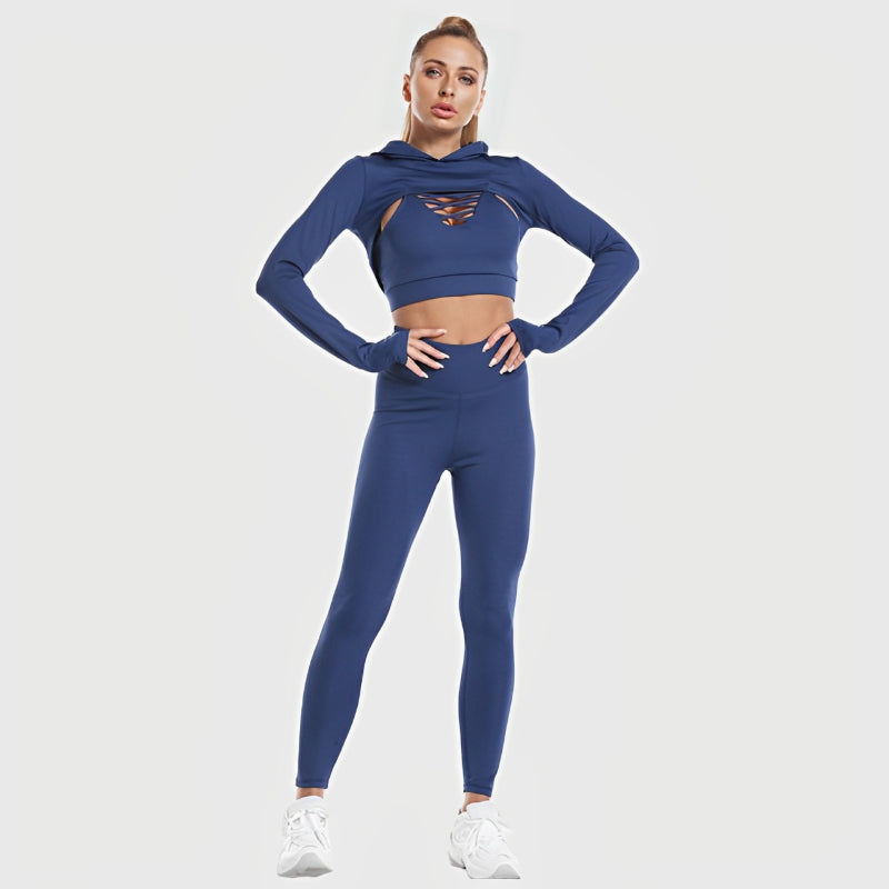 Ensemble de vêtements de sport 3 pièces, haut à capuche, conception creuse, camisole, leggings sans couture 