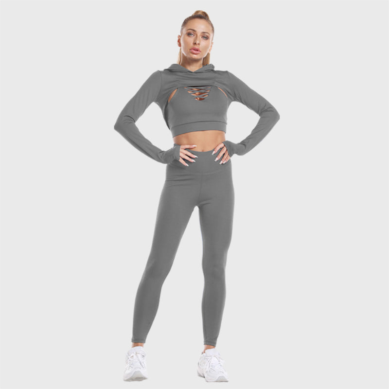 Ensemble de vêtements de sport 3 pièces, haut à capuche, conception creuse, camisole, leggings sans couture 